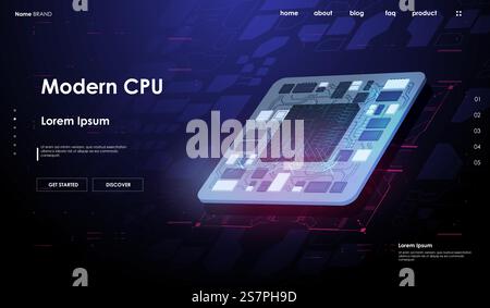 Tech Futuristic Template. Digital chip with HUD elements. Futuristic microchip processor. Quantum computer database concept. Modern CPU illustration . Central Computer Processors. Stock Vector