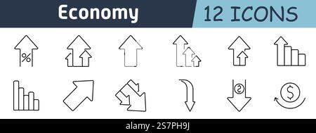 Economy set icon. Upward and downward arrows, percentage sign, growth, decline, bar charts, currency symbol, financial changes, trends, business dynam Stock Vector