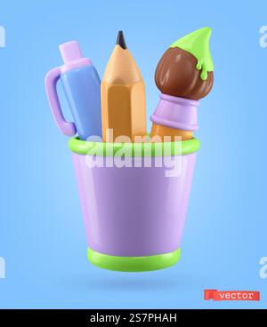 Art icon 3d cartoon vector object. Pen, pencil and brush in a glass Stock Vector