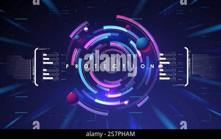 Cyber security. Online information protect, internet digital technology background. Fingerprint scanning on futuristic neon background. Stock Vector