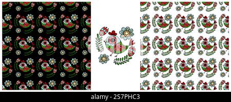 Set Seamless patterns. Colorful folk tribal boho patterned flowers and birds in Scandinavian cottagecore style. Print for cloth design, textile, packa Stock Vector