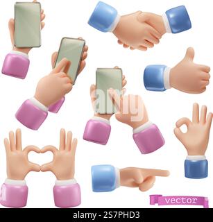 Hands with a mobile phone, handshake, heart sign, okay, thumb up, pointer gestures. 3d cartoon vector icon set Stock Vector