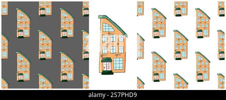 Set Seamless patterns with decorative colorful houses. Building, residential. Pattern in hand draw style. Print for cloth design, textile, fabric, wal Stock Vector
