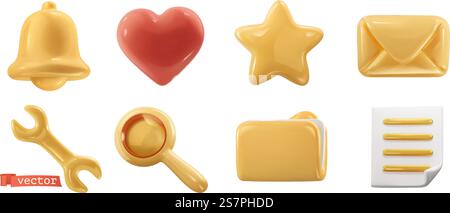 3d realistic vector icon set. Bell, heart, star, mail, magnifier, wrench, folder, document symbols Stock Vector