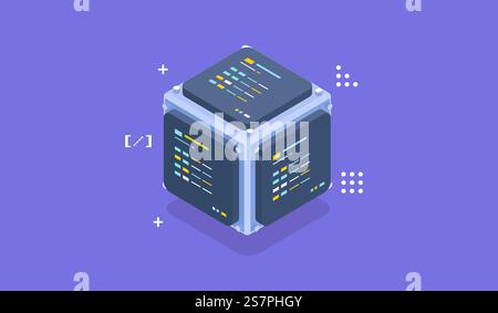 Technology infographic design for quantum computer. Blockchain server concept, server room, database, information storage. Creative data concept. Stock Vector