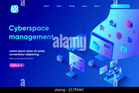 Cyberspace management concept 3d isometric web landing page. People upload and transfer files, manage, store and share information using cloud technologies. Vector illustration for web template design Stock Vector