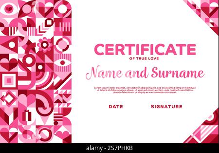 Certificate of true love for Valentine day with geometric shapes frame, vector template. Valentine day certificate or diploma award background with ab Stock Vector