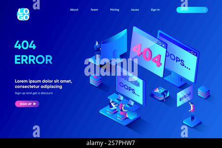 404 error concept 3d isometric web landing page. People working in tech support and solving problems and disconnect of internet page at computer screens. Vector illustration for web template design Stock Vector