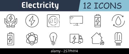 Electricity set icon. Hands holding energy, eco-friendly power, light bulb, electric truck, home, renewable energy, power cycle, atom, energy conserva Stock Vector