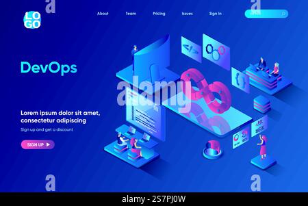 DevOps concept 3d isometric web landing page. People working in team, programmers interact with tech support engineers, development operation. Vector illustration for web template design Stock Vector