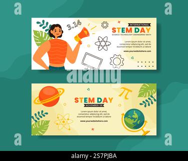 STEM Science, Technology, Engineering, Mathematics Education Horizontal Banner Illustration Flat Cartoon Background Stock Vector