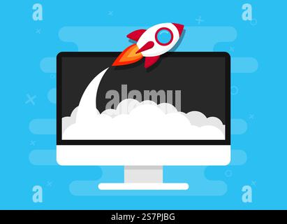 Concept of business start-up. Rocket launch from screen Stock Vector