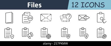 Documentation tools set icon. Folder, document review, email inbox, clipboard, data protection, report creation, file warnings, digital archiving, app Stock Vector