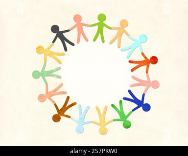 Horizontal background with colorful cutout paper people. Paper human figures holding hands together. International day for tolerance topic. Inclusion, Stock Photo