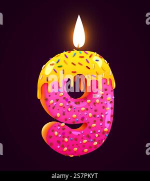 Birthday cake font number 9 with candle. Nine year anniversary. Tasty collection. Vector illustration. Birthday cake font number 9 with candle. Nine year anniversary. Tasty collection. Stock Vector