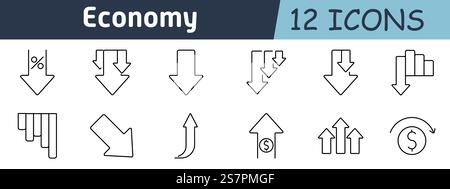Economy set icon. Downward arrows, bar charts, percentage decrease, financial loss, market decline, currency symbols, changes in profit, economic down Stock Vector