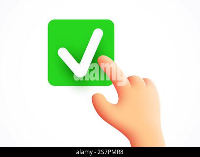 3d Hand pressing the ok button. Correct answer. Vector illustration. 3d Hand pressing the ok button. Correct answer. Stock Vector