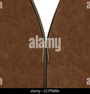 Leather background with zipper opened. Unzipped zipper or fastener. Open zip and leather texture of brown color. Isolated on white background. Copy sp Stock Photo