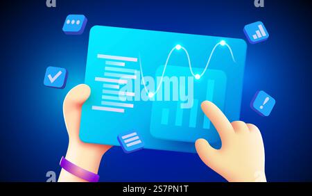 Cute 3d hands are holding a tablet with financial analytics. Finance concept. Vector illustration. Cute 3d hands are holding a tablet with financial analytics. Finance concept. Stock Vector