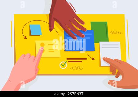 Business software development team planning work together. Scrum methodology tasks board full of tasks on sticky note cards. Hands stick and write on the board. Vector illustration.. Business software development team planning work together. Scrum methodology tasks board full of tasks on sticky note cards. Hands stick and write on the board. Stock Vector