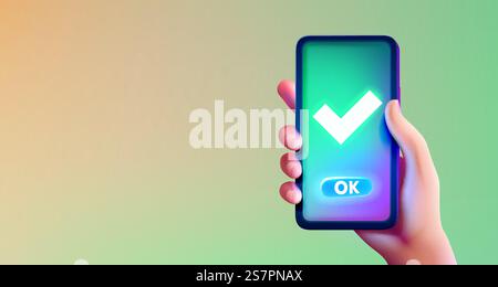 Button to confirm the action in the phone, the hand holds the device. Vector illustration. Button to confirm the action in the phone, the hand holds the device. Vector Stock Vector