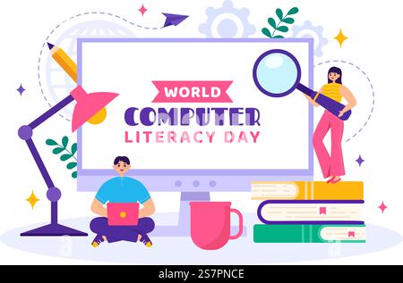 World Computer Literacy Day Vector Illustration on December 2 with Book and Media Equipment in Education Holiday Cartoon Hand Drawn Templates Stock Vector