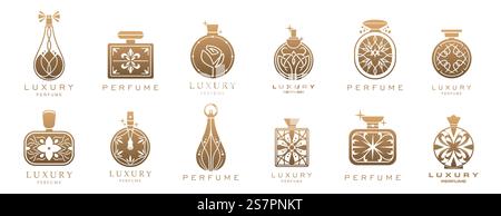 Luxury perfume fragrance icons. Vector golden bottles and glass spray flasks with line pattern of elegant flowers, victorian flourishes and abstract g Stock Vector