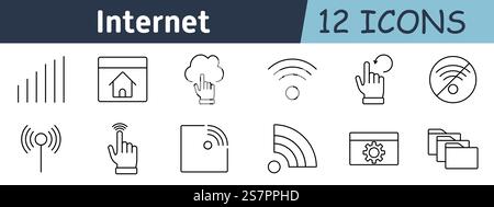 Internet set icon. Signal strength, homepage, cloud access, Wi-Fi, hand swipe, no network, antenna, touch interaction, hotspot, connection, network se Stock Vector