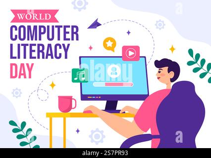 World Computer Literacy Day Vector Illustration on December 2 with Book and Media Equipment in Education Holiday Cartoon Hand Drawn Templates Stock Vector