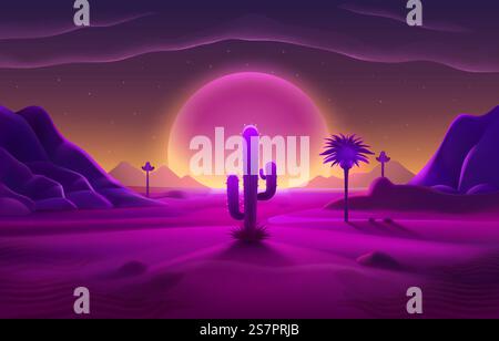 Retro wave Desert neon cover with oasis and palm trees. Nature background. Vector illustration. Retro wave Desert neon cover with oasis and palm trees. Nature background. Vector Stock Vector
