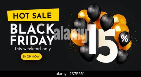 15 percent Off. Discount creative composition. Black Friday sale symbol with balloons and golden confetti. Sale banner and poster. Vector illustration.. 15 percent Off. Discount creative composition. Black Friday sale symbol with balloons and golden confetti. Sale banner and poster. Stock Vector