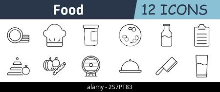 Food set icon. Plates, chef hat, spice jar, pizza, milk bottle, meal plan, nutrition pyramid, vegetables, wine barrel, serving tray, knife, glass of j Stock Vector