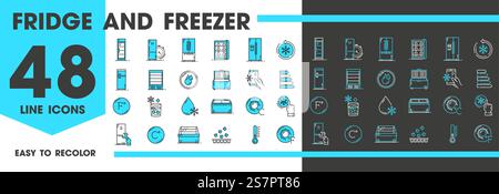 Fridge and freezer icons of food storage and refrigerator pictograms in vector line. Kitchen fridge and ice freezer of food and wine cooler, temperatu Stock Vector