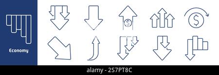Economy set icon. Declining bars, downward arrows, rising dollar, financial growth, market trends, dollar cycle, descending chart Stock Vector