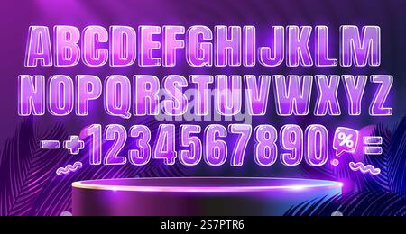Neon font color purple, glowing letter retro font, futuristic alphabet. Vector illustration. Neon font color purple, glowing letter retro font, futuristic alphabet. Vector Stock Vector