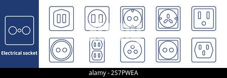 International adapter, types of electric sockets and plugs line icon ...