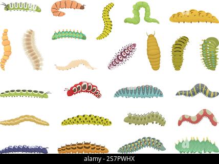 Caterpillar icons set cartoon vector. Nature insect. Larva summer. Caterpillar icons set cartoon vector. Nature insect Stock Vector