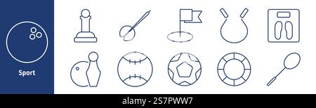 Sport set icon. Bowling ball, chess, golf flag, punching bag, scale, bowling pins, baseball, soccer ball, life ring, badminton racket, fitness, recrea Stock Vector