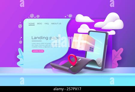 Landing page smart phone mail services, package position online, web banner. Vector illustration. Landing page smart phone mail services, package position online, web banner. Vector Stock Vector