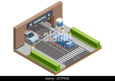 Isometric vector image of a parking entrance featuring downward arrows, barriers, and two cars navigating the entry exit system Stock Vector
