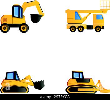 Construction machine icons set cartoon vector. Construction work. Heavy machinery. Construction machine icons set cartoon vector. Construction work Stock Vector