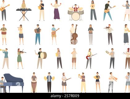 Playing an instrument icons set cartoon vector. Child music. Play student. Playing an instrument icons set cartoon vector. Child music Stock Vector