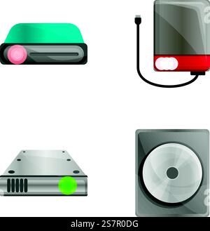 Modern device icons set cartoon vector. Power bank and disc player. Electronic device. Modern device icons set cartoon vector. Power bank and disc player Stock Vector