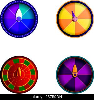 Fortune wheel icons set cartoon vector. Lottery. Raffle concept. Fortune wheel icons set cartoon vector. Lottery Stock Vector