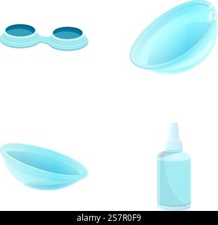 Eye lenses icons set cartoon vector. Contact lenses with packaging and liquid. Medicine, ophthalmology. Eye lenses icons set cartoon vector. Contact lenses with packaging and liquid Stock Vector