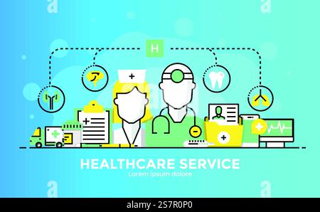 Thin line smooth gradient flat design banner of Healthcare service for website and mobile website, easy to use and highly customizable. Modern vector illustration concept, isolated on white background. Stock Vector