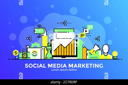 Thin line smooth gradient flat design banner of Social Media Marketng for website and mobile website, easy to use and highly customizable. Modern vector illustration concept, isolated on white background. Stock Vector