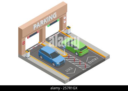 Green and Blue Cars at Parking Entry. Isometric vector image of a parking entrance with a Parking sign. Green and blue cars navigate entry and exit Stock Vector