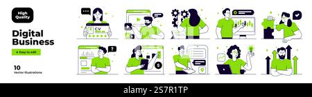 Digital Business illustrations. Mega set. Collection of scenes with men and women taking part in business activities. Vector Illustration Stock Vector
