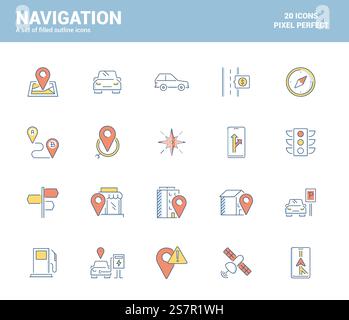 Set of flat line filled icons for Navigation theme, suitable for mobile concepts, web application, printed media and infographics projects. Vector Illustration Stock Vector